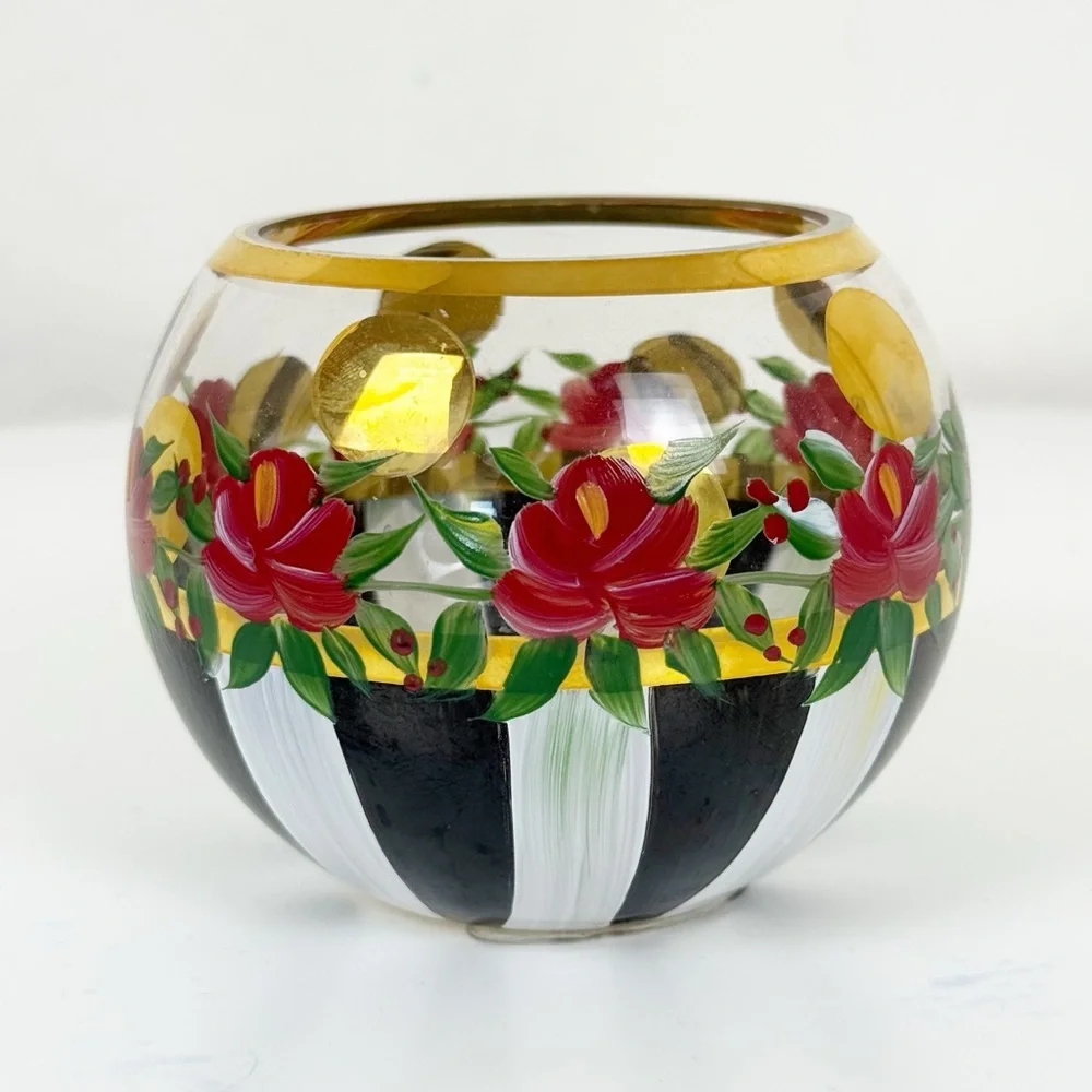Mackenzie Childs Heirloom Rose Bowl Vase Hand Painted- Retired Rare